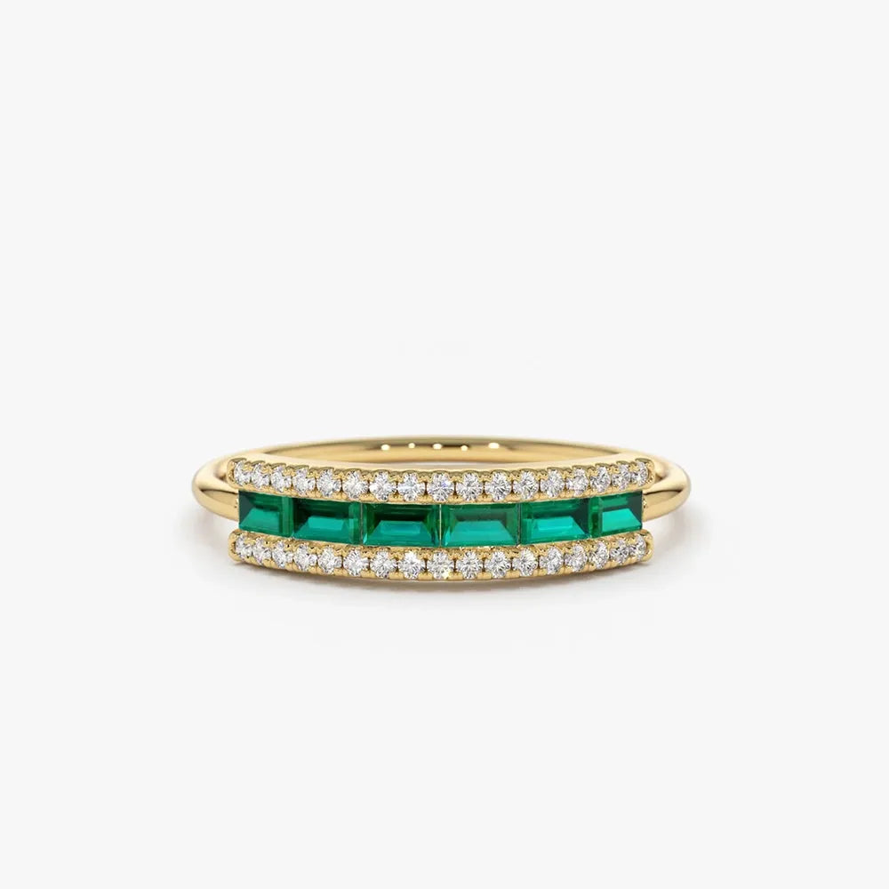 14K Solid Gold Baguette Emerald and Round Diamond Channel Micro Pave Ring 0.60 CTW