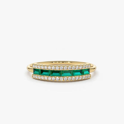 14K Solid Gold Baguette Emerald and Round Diamond Channel Micro Pave Ring 0.60 CTW