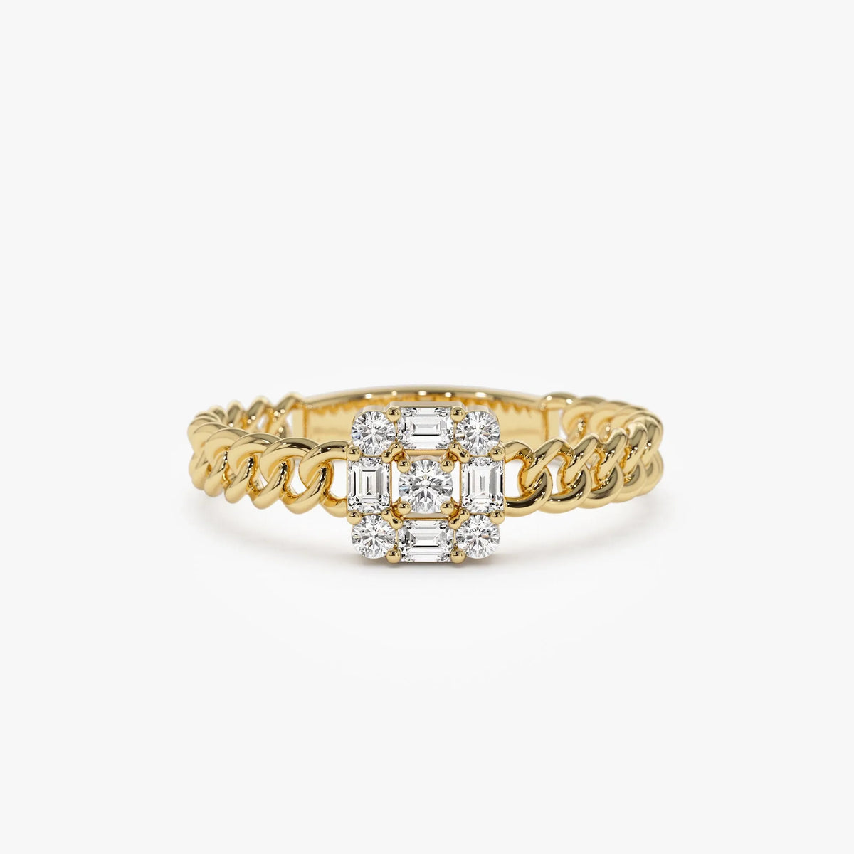 14K Solid Gold Baguette Diamond 0.20 Carat Curb Link Illusion Setting Ring
