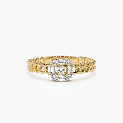 14K Solid Gold Baguette Diamond 0.20 Carat Curb Link Illusion Setting Ring