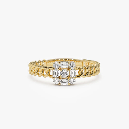 14K Solid Gold Baguette Diamond 0.20 Carat Curb Link Illusion Setting Ring