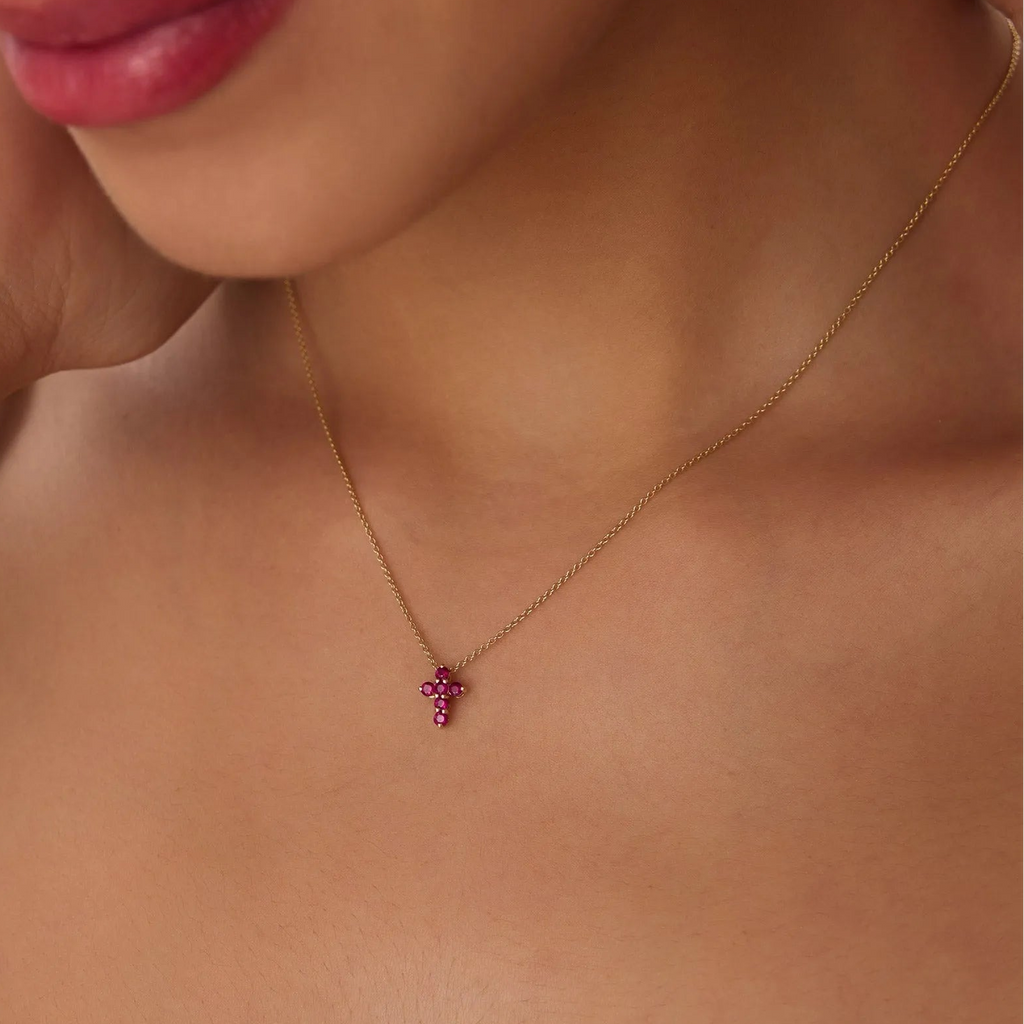 14k Solid Gold Round Ruby Tiny Cross Pendant Necklace 0.25 Carat Prong Setting
