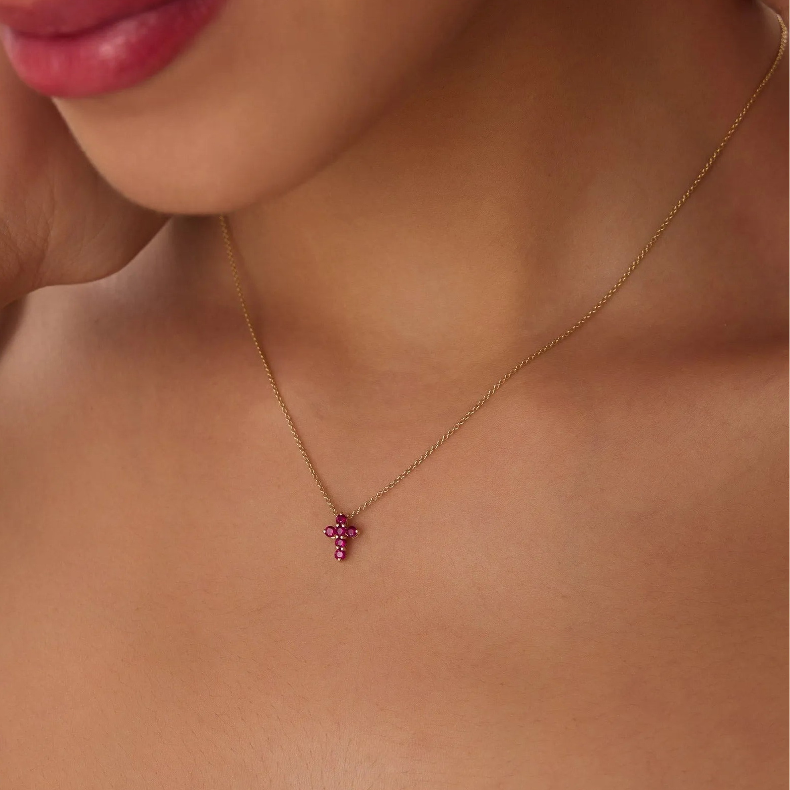 14k Solid Gold Round Ruby Tiny Cross Pendant Necklace 0.25 Carat Prong Setting