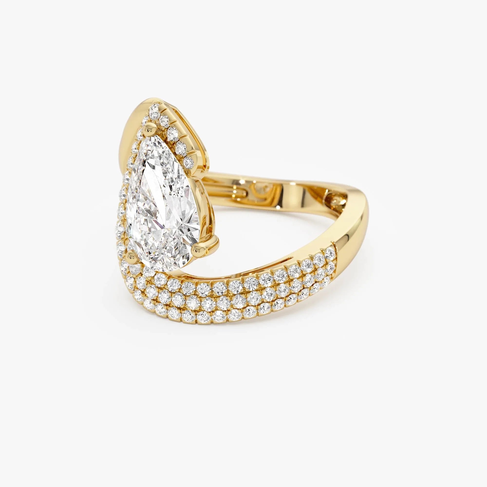 14k Gold Lab Grown Diamond Pear Shape Triple Row Pave Band Engagement Ring 2.00 ctw IGI Certified Chiara