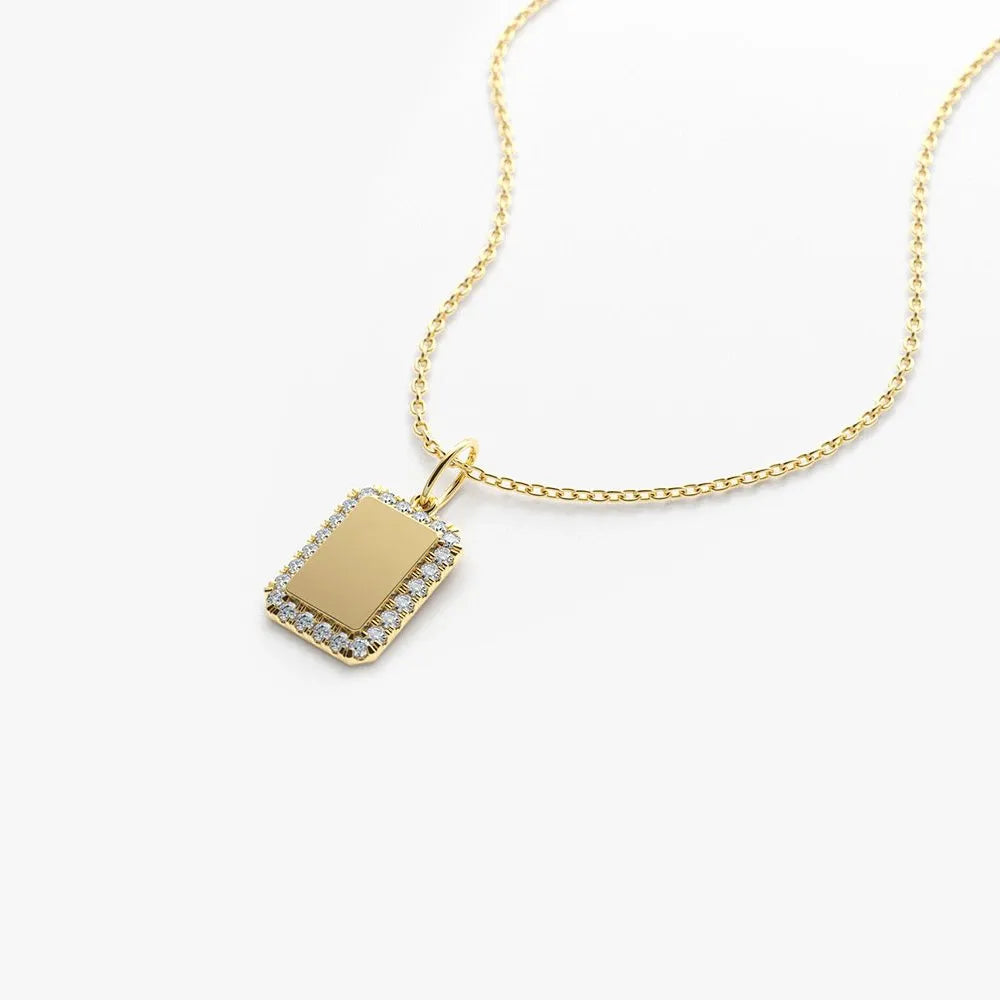 14K Solid Gold Round Diamond Tag Initial Personalized Necklace 0.18ctw