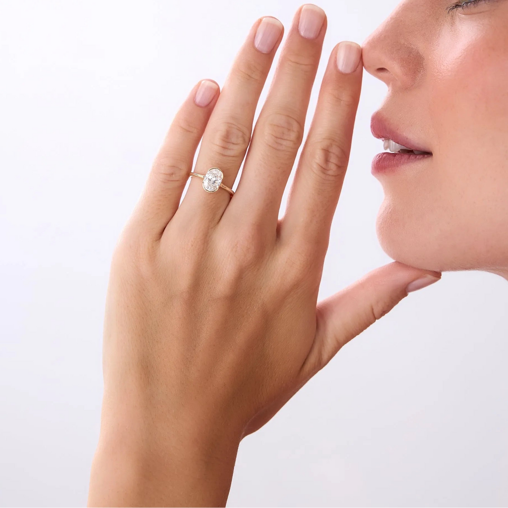 14k Gold 1.5 Carat Oval Lab Grown Diamond Half Bezel Engagement Ring