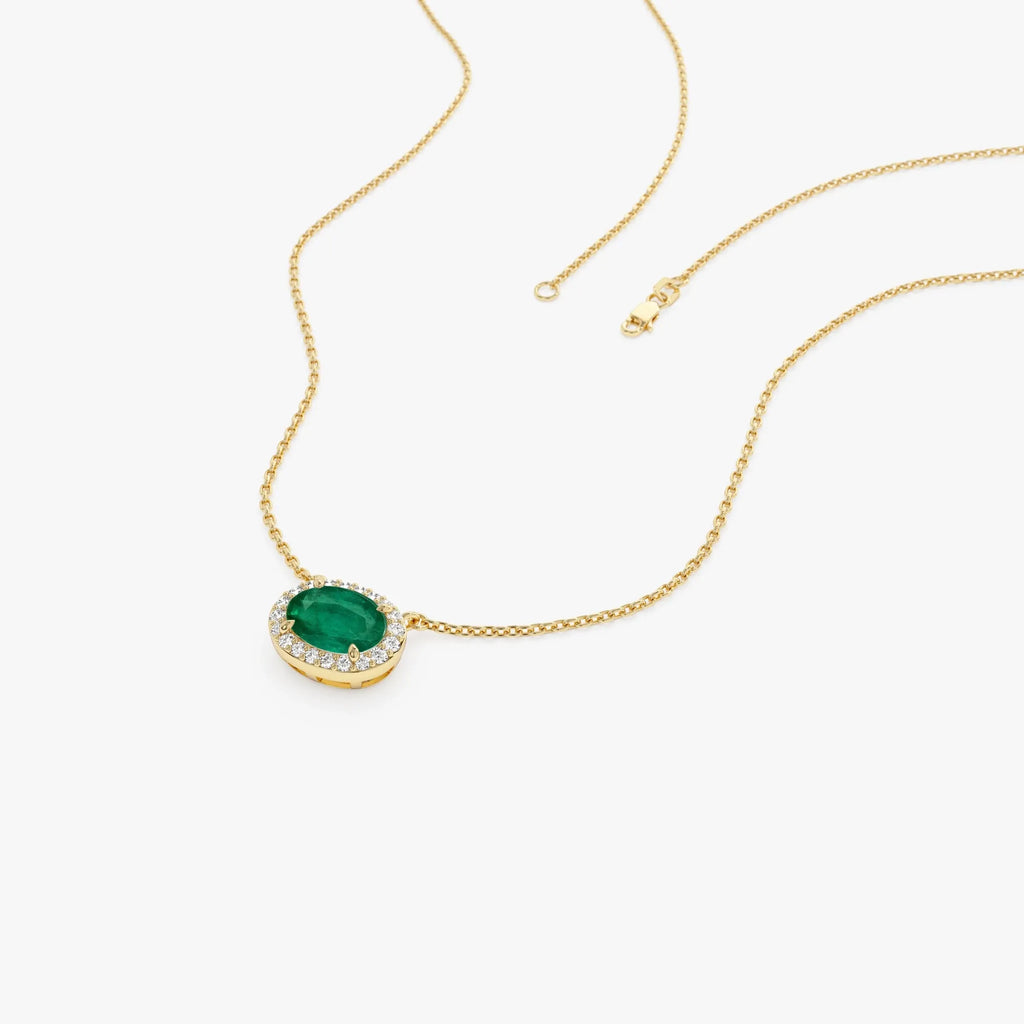 14k Solid Gold Octagon Emerald 0.75 CTW and Round Diamond 0.10 CTW Halo Pendant Necklace