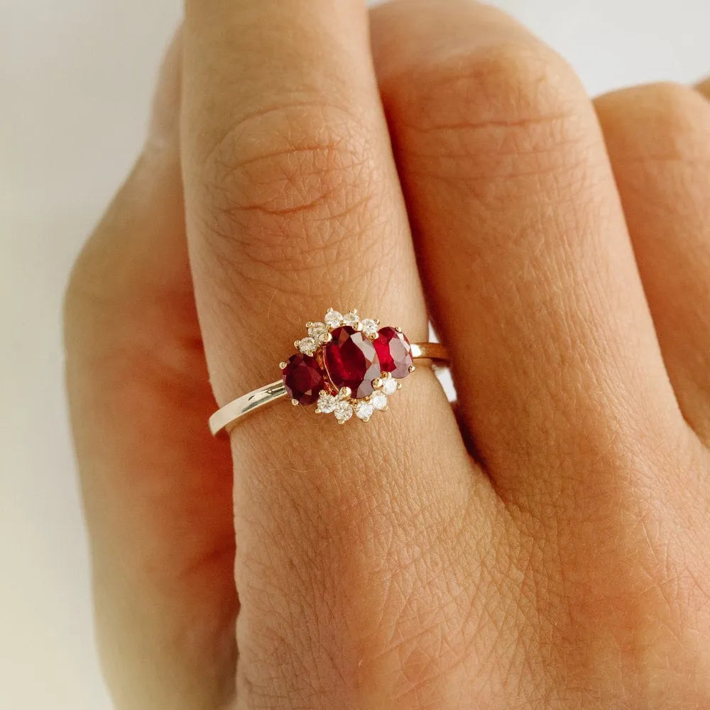 14k Gold Ruby and Diamond Oval Cut Three Stone Cluster Ring 1.39 ctw