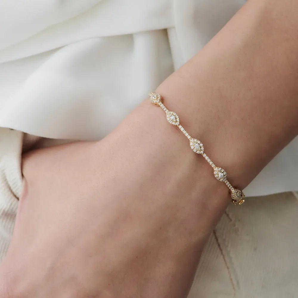 14K Solid Gold 0.99 CTW Round Diamond Marquise Shape Bangle