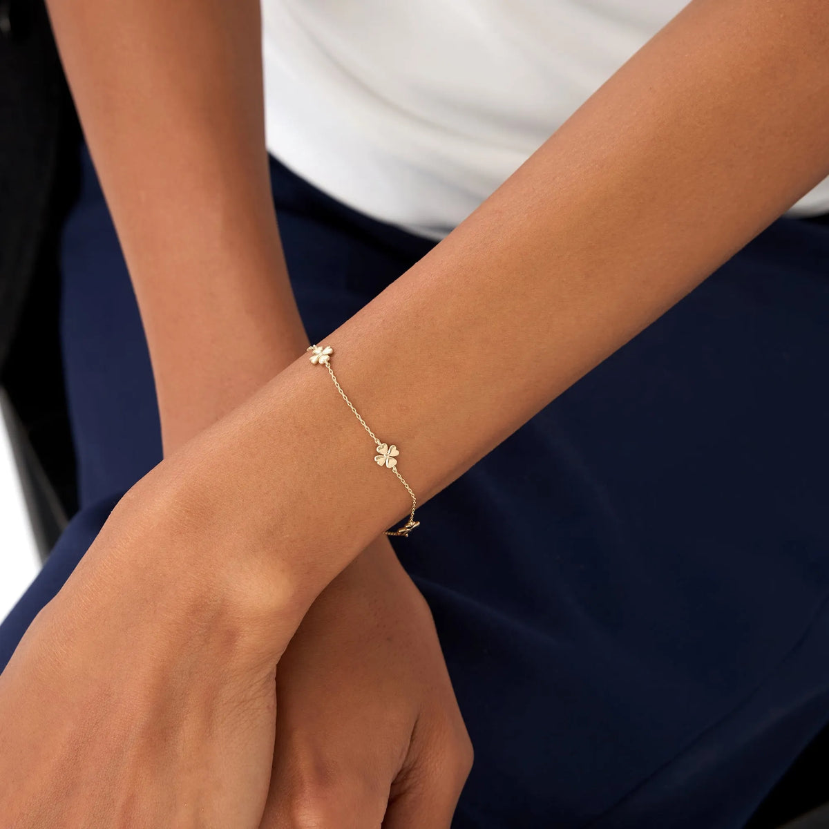 14k Solid Gold Clover Station Link Chain Bracelet with Charms