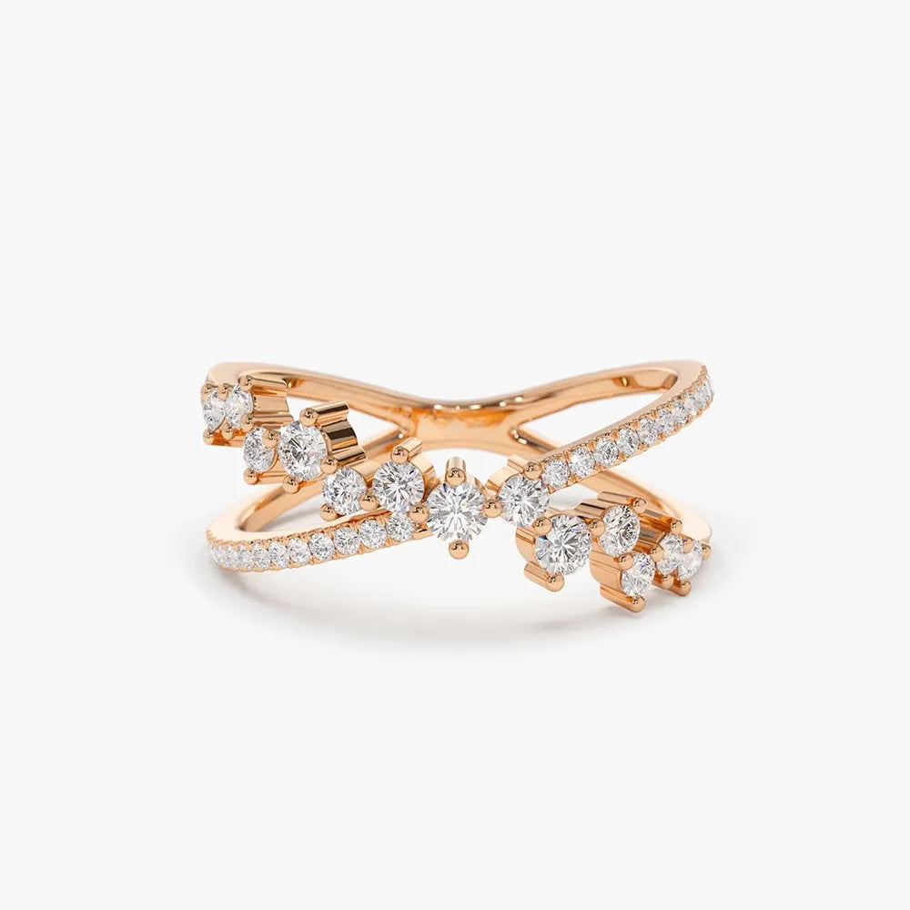 14k Gold Round Diamond Criss Cross Cluster Ring 0.53ctw Micro Pave Setting