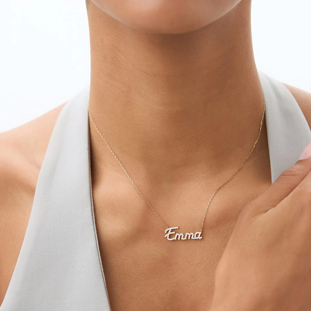 14K Solid Gold Round Diamond Personalized Name Necklace 0.15 CTW Per Letter