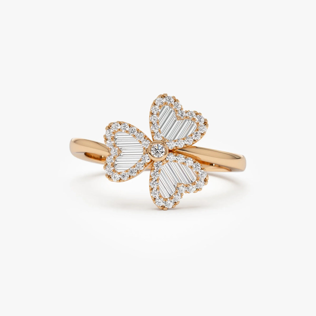 14K Solid Gold Baguette and Round Diamond 0.42 Carat Flower Clover Ring