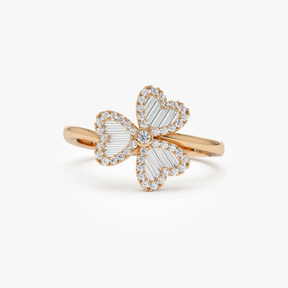 14K Solid Gold Baguette and Round Diamond 0.42 Carat Flower Clover Ring