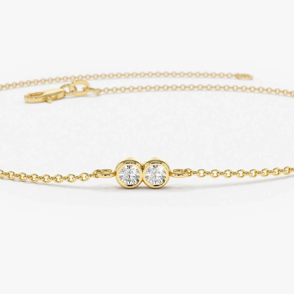14K Solid Gold Round Diamond Double Station Chain Bracelet Bezel Setting 0.18 Carat