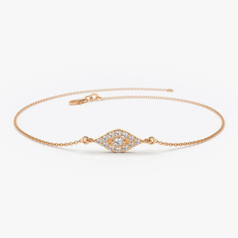 14K Solid Gold Round Diamond Evil Eye Bracelet Micro Pave 0.15 Carat