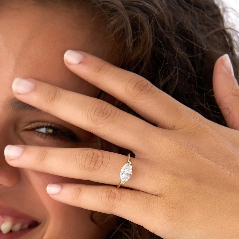 14k Solid Gold 1.5 Carat Marquise Lab Grown Diamond East-West V Prong Engagement Ring Vanna