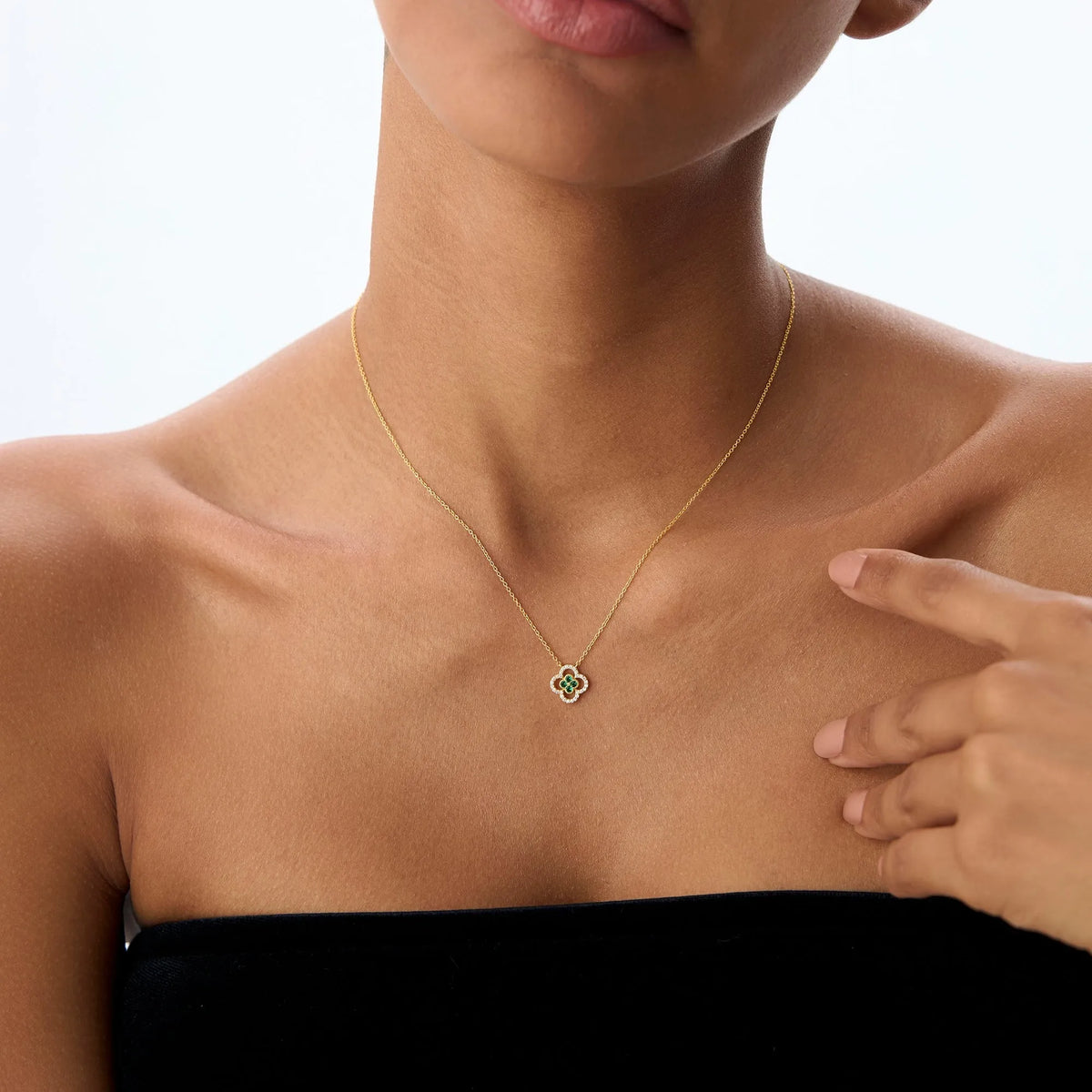 14k Solid Gold Round Emerald 0.10 CTW and Diamond 0.10 CTW Clover Halo Pendant Necklace