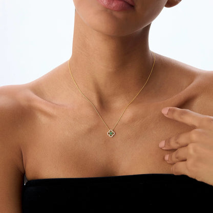 14k Solid Gold Round Emerald 0.10 CTW and Diamond 0.10 CTW Clover Halo Pendant Necklace