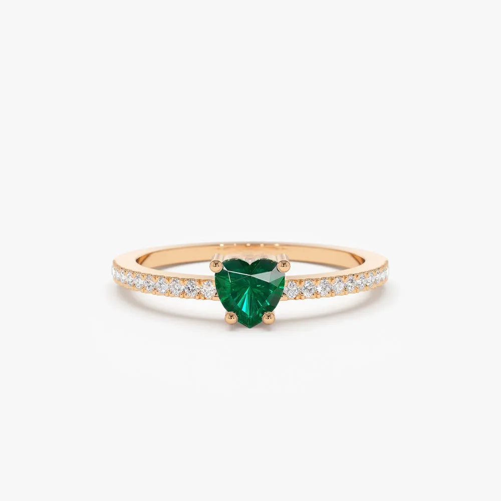 14K Solid Gold Heart Shaped Emerald and Round Diamond Ring 0.41 CTW Handcrafted Jewelry