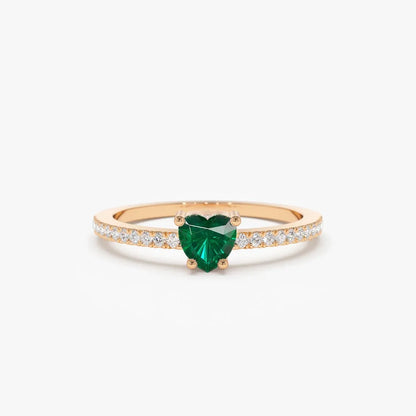 14K Solid Gold Heart Shaped Emerald and Round Diamond Ring 0.41 CTW Handcrafted Jewelry