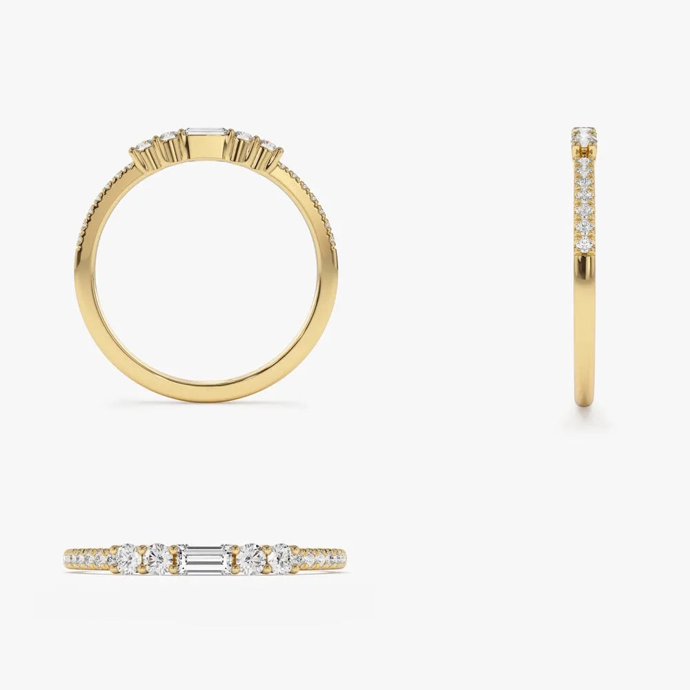 14K Gold Baguette and Round Diamond Stackable Ring 0.19 ctw