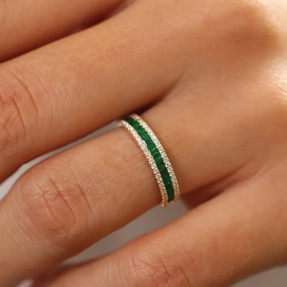14K Gold Square Emerald and Round Diamond Half Eternity Band Ring 1.01 CTW