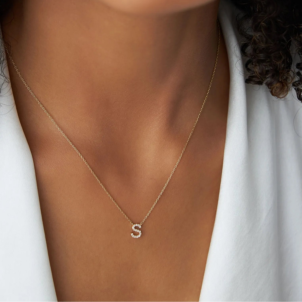14k Solid Gold Round Diamond 0.13 to 0.18 CTW Micro Pave Initial Pendant Necklace