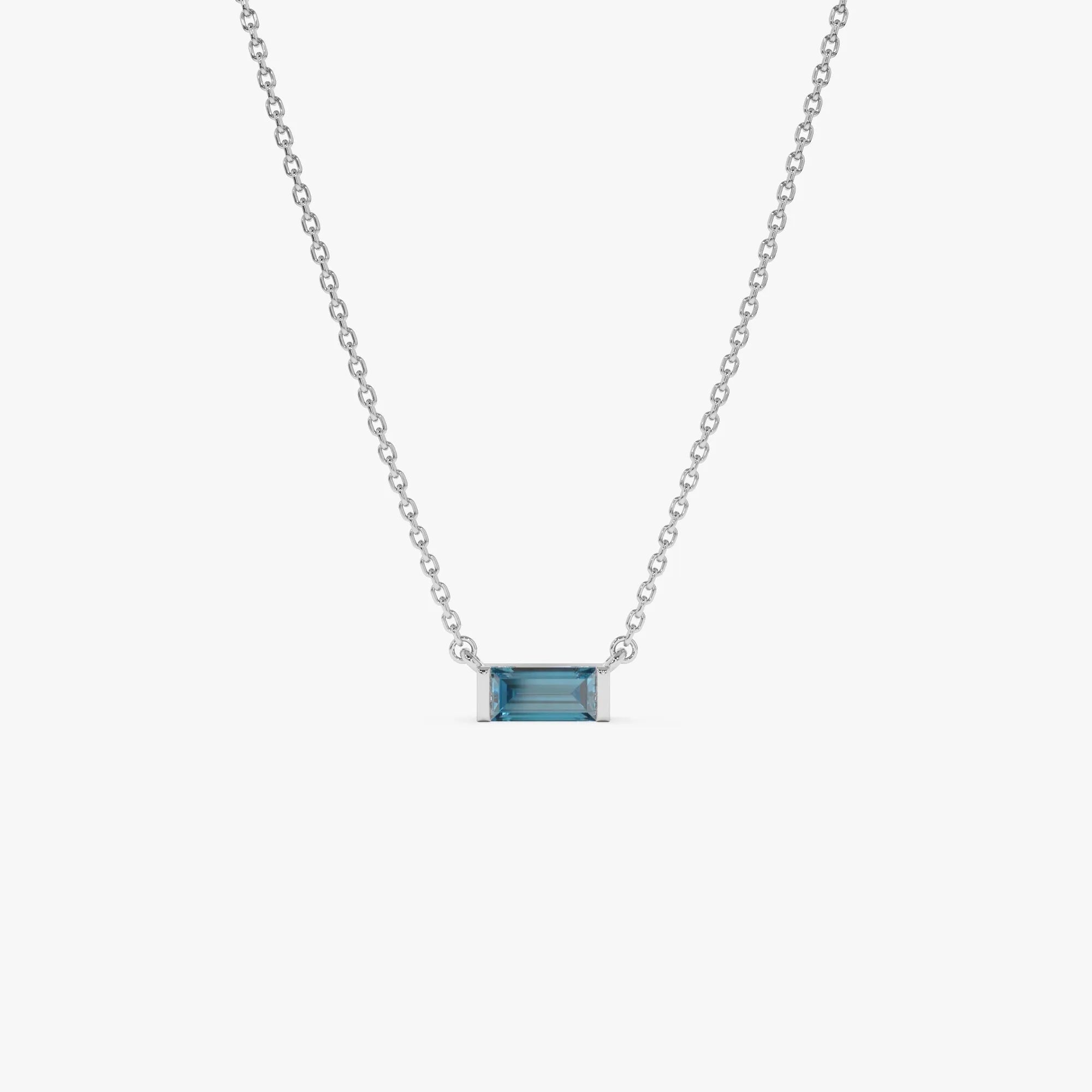 14k Solid Gold London Blue Topaz Baguette Birthstone Necklace 0.45 Carat