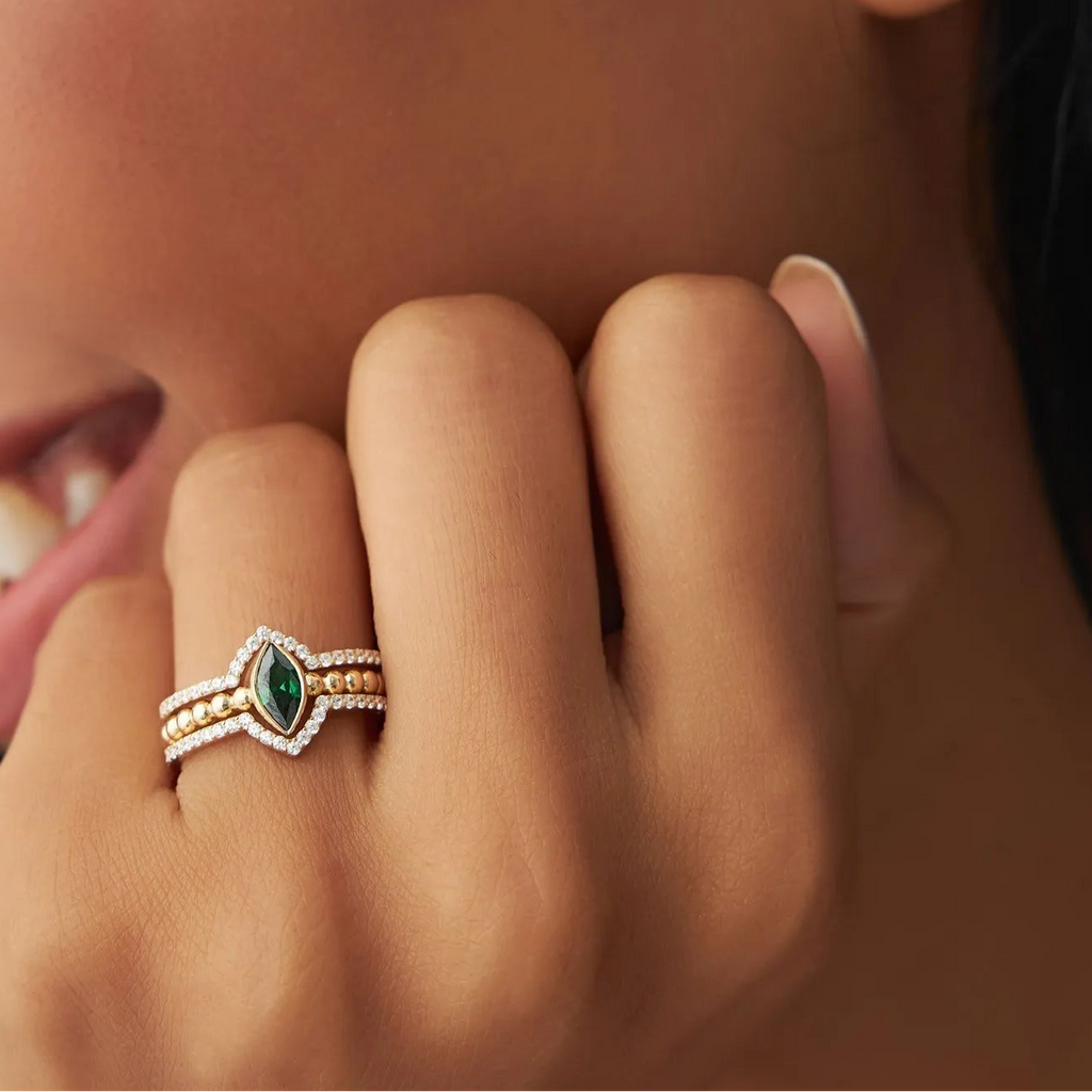 14K Solid Gold Marquise Emerald and Round Diamond Nesting Band Ring 0.70 CTW