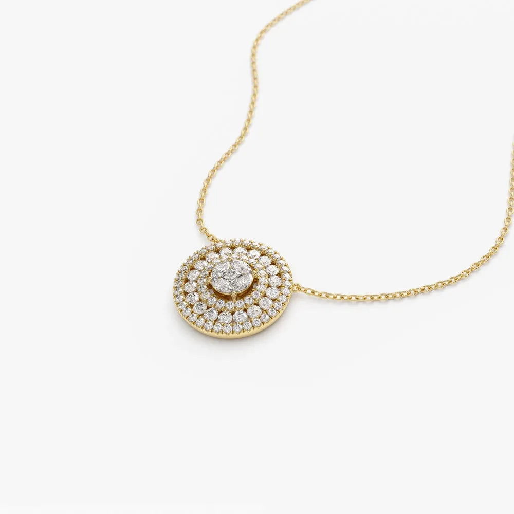 14K Solid Gold Round Marquise and Princess Cut Diamond Illusion Halo Pendant Necklace 0.84ctw