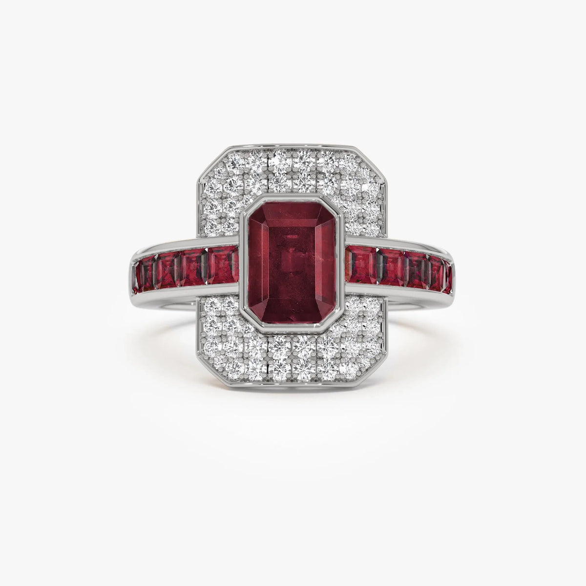 14k Gold Ruby and Diamond Emerald and Square Cut Art Deco Ring 2.80 ctw