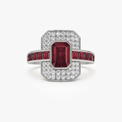 14k Gold Ruby and Diamond Emerald and Square Cut Art Deco Ring 2.80 ctw
