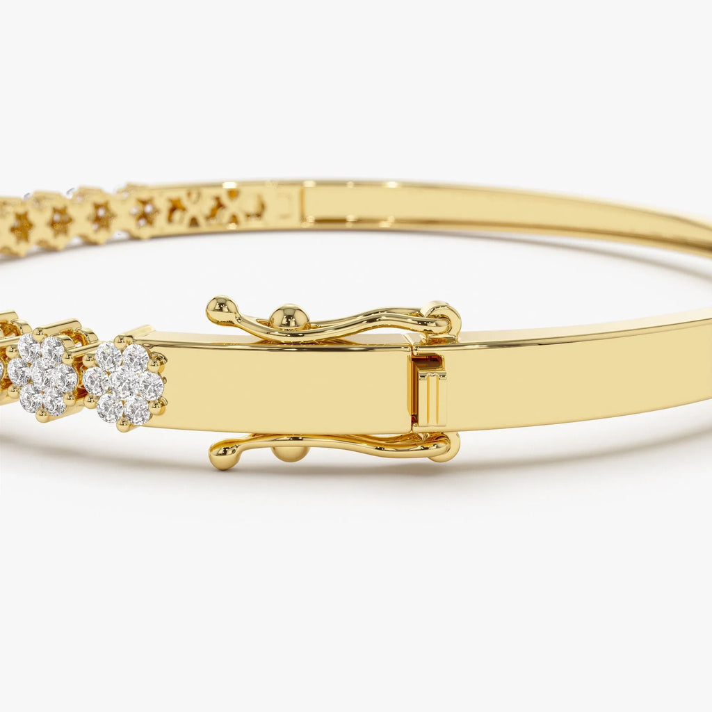 14K Solid Gold 1.15 CTW Round Diamond Cluster Bangle