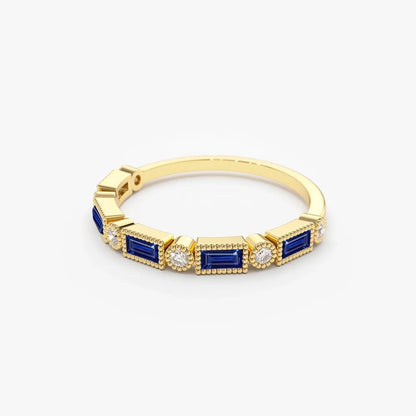 14k Gold Sapphire and Diamond Baguette and Round Cut Bezel Setting Ring 0.52 ctw