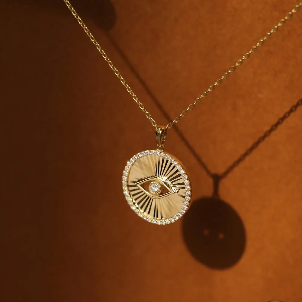 14K Solid Gold Round Diamond Evil Eye Medallion Disc Necklace 0.29ctw