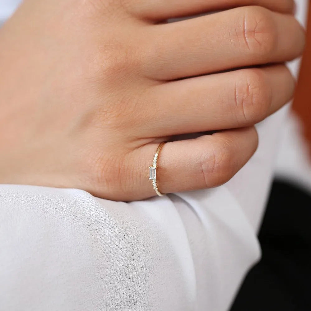 14K Solid Gold Baguette and Round Diamond 0.25 Ctw Prong Setting Engagement Ring