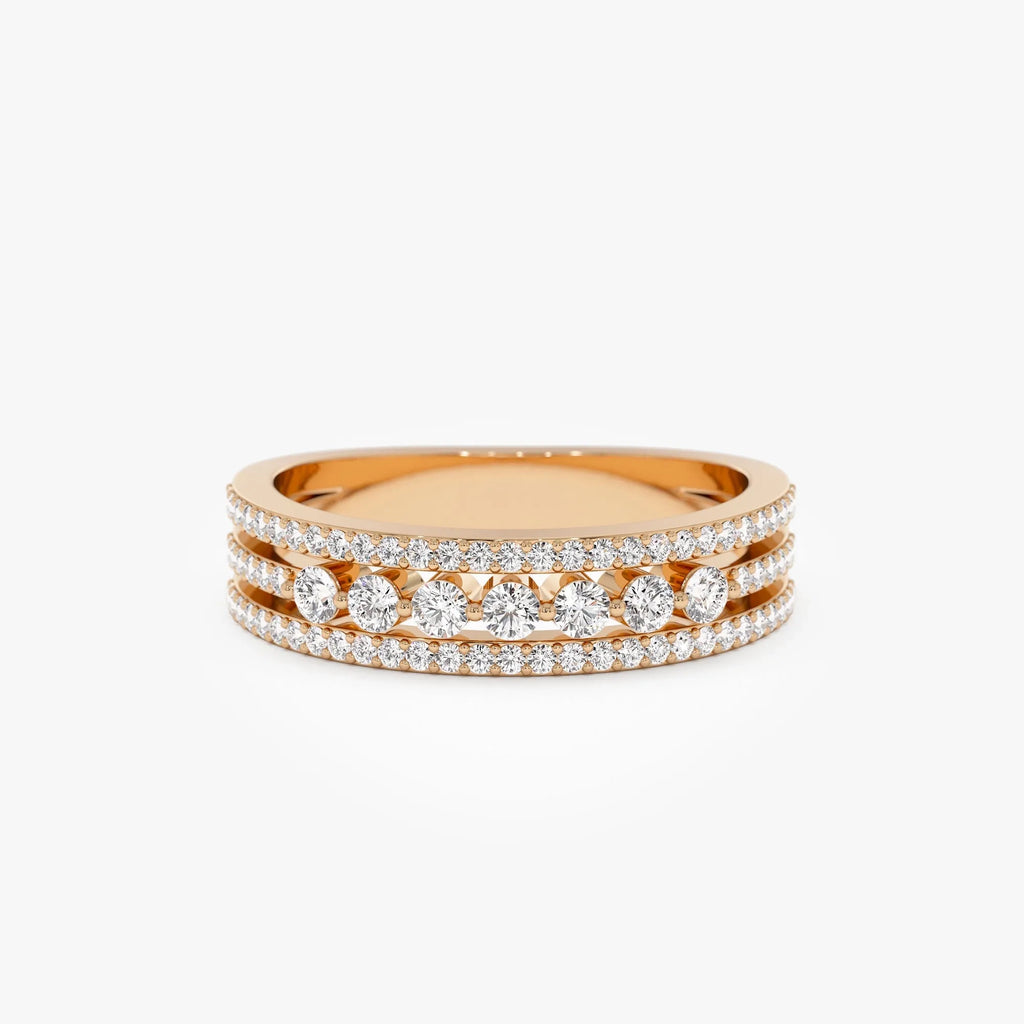 14k Solid Gold Round Diamond Triple Row Stacking Wedding Ring 0.57 Carat