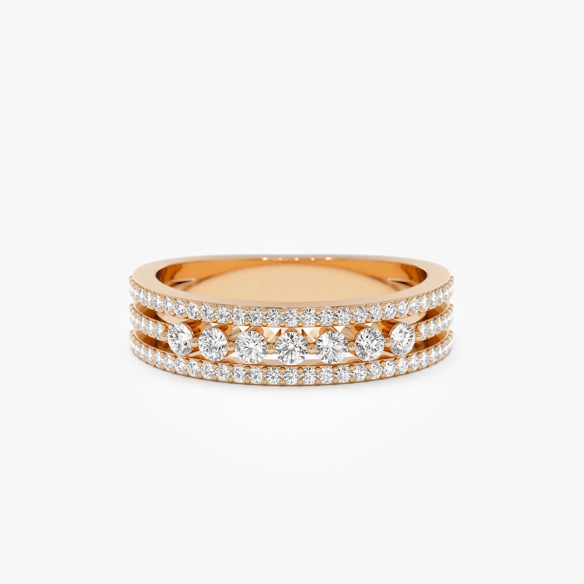 14k Solid Gold Round Diamond Triple Row Stacking Wedding Ring 0.57 Carat