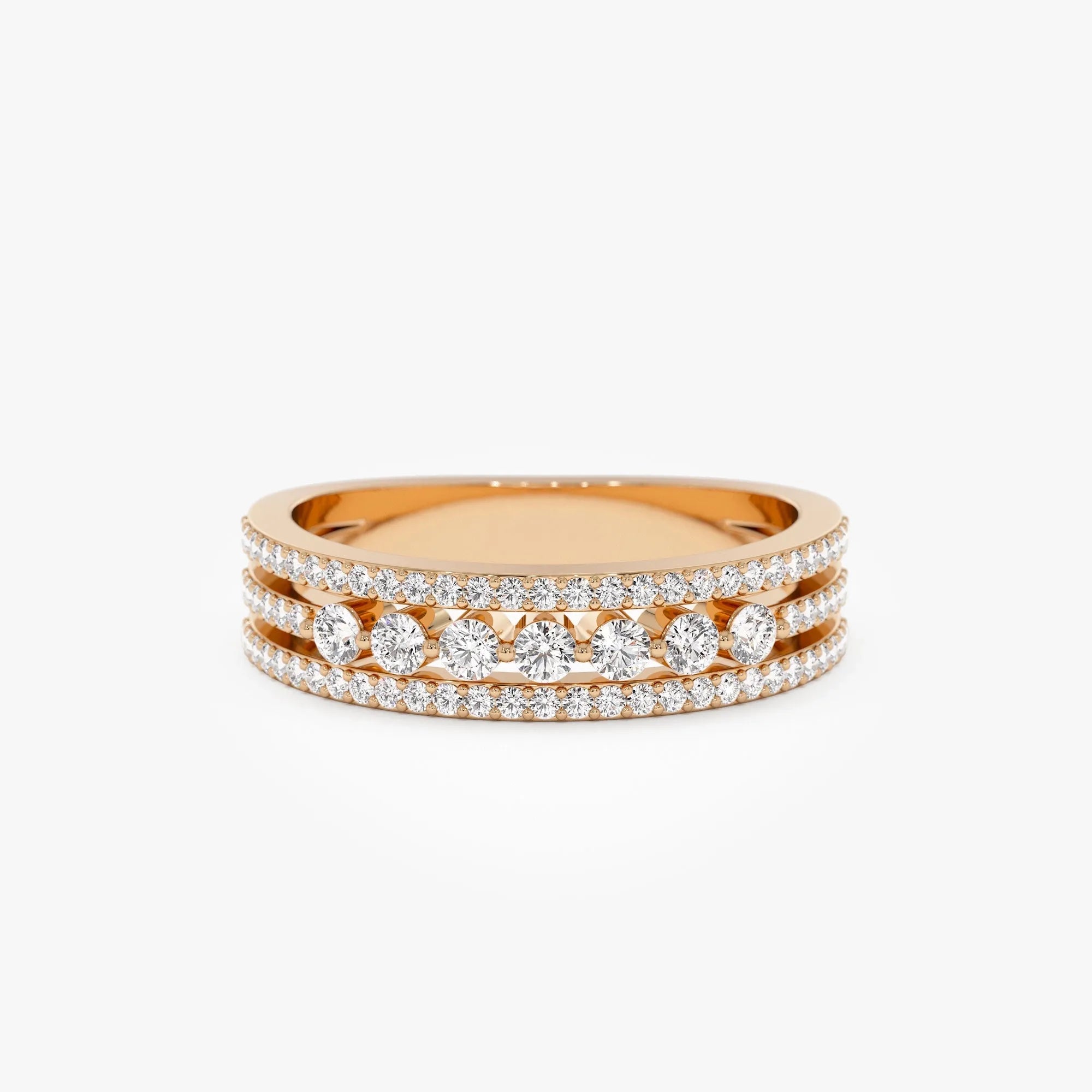 14k Solid Gold Round Diamond Triple Row Stacking Wedding Ring 0.57 Carat