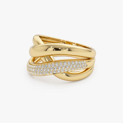 14k Solid Gold Round Diamond 0.40 Carat Triple Band Crossover Statement Ring