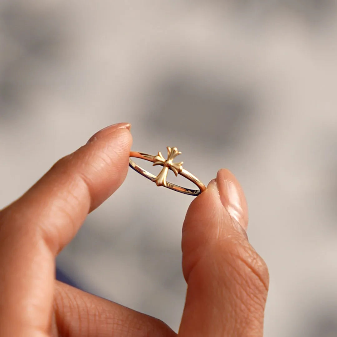 14k Gold Cathedral Cross Ring Wide Band with 9.2mm Motif