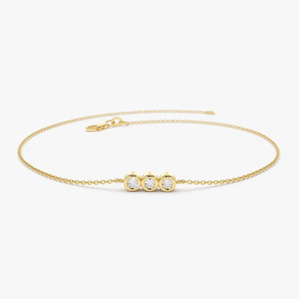 14K Solid Gold Lab Grown Diamond Round Trio Bezel Station Chain Bracelet 0.10 Carat