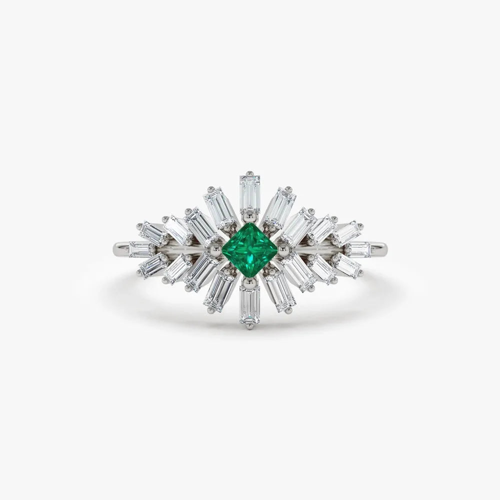 14K Gold Square Emerald and Baguette Diamond Ring 0.56 CTW Handcrafted Jewelry