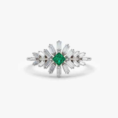 14K Gold Square Emerald and Baguette Diamond Ring 0.56 CTW Handcrafted Jewelry