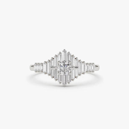 14k Gold Round and Baguette Diamond Art Deco Ring 0.82 ctw