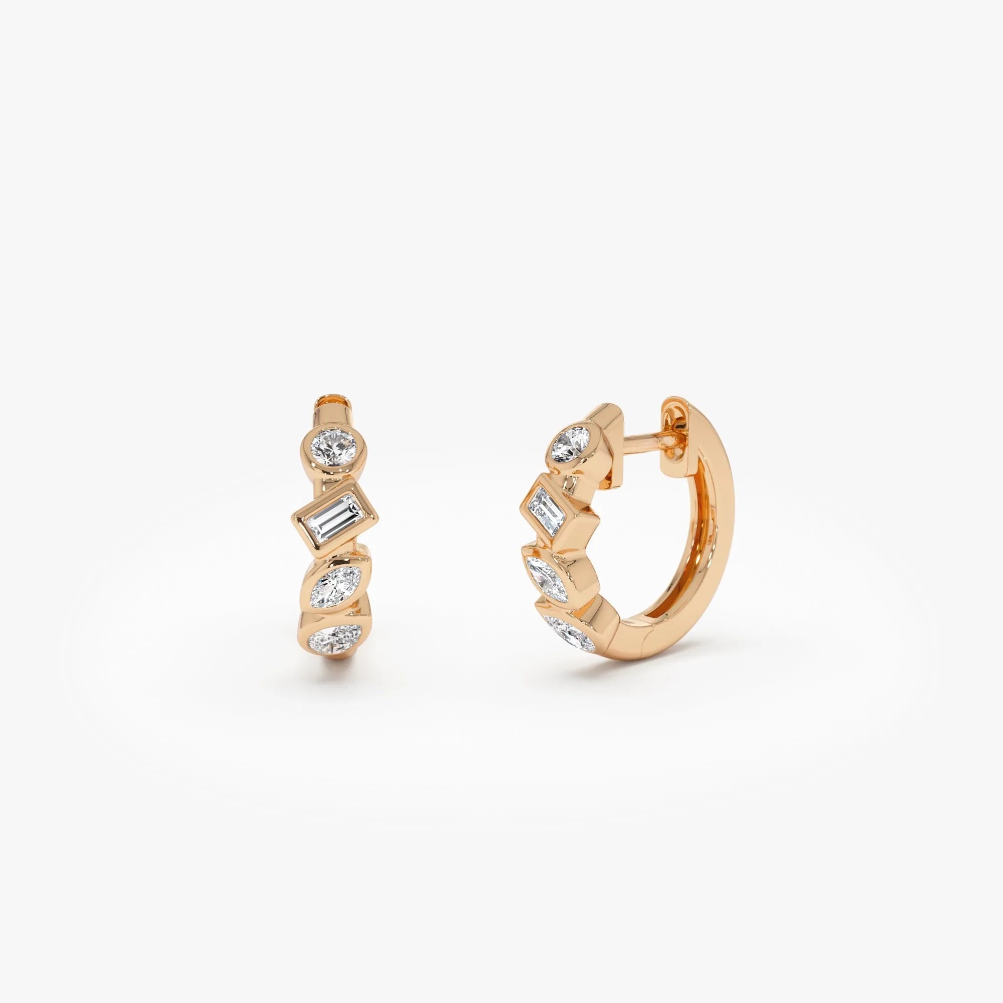 14k Gold Diamond Mixed Cut Baguette Marquise Pear Round Huggie Hoop Earrings 0.40 ctw