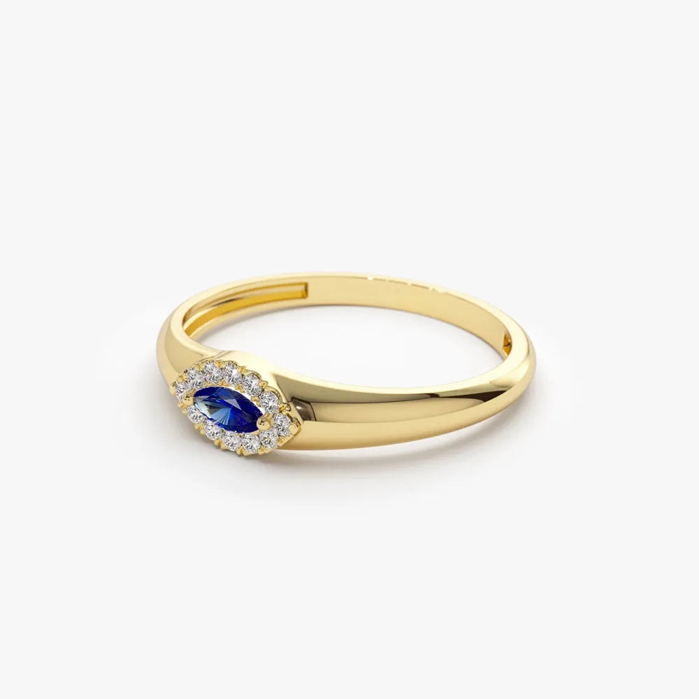 14k Gold Sapphire and Diamond Marquise and Round Cut Halo Ring 0.19 ctw
