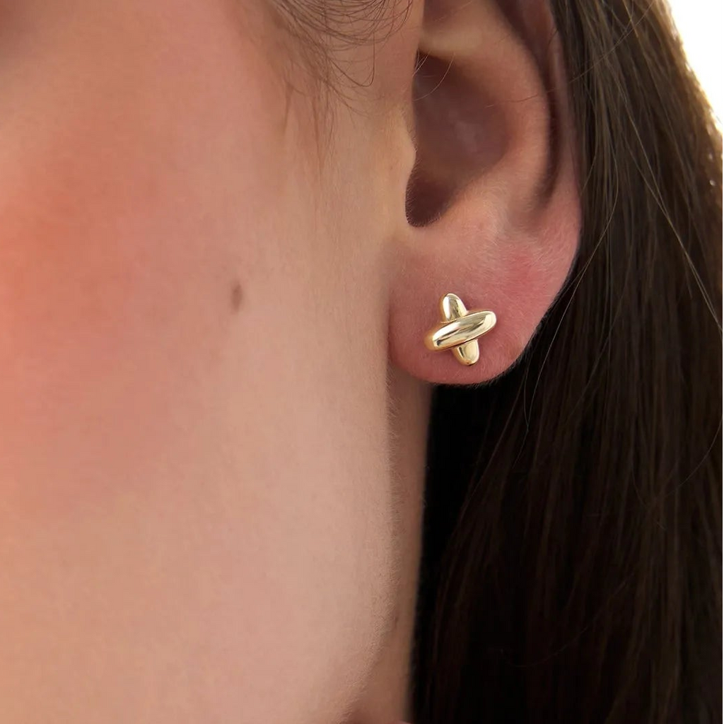 14k Solid Gold X Shape Stud Earrings Geometric Minimalist Design