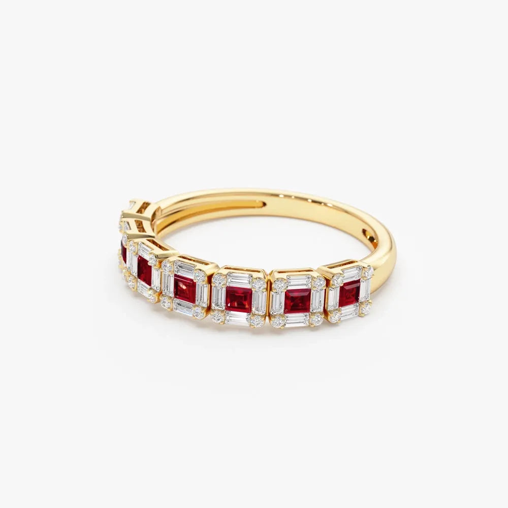 14k Gold Ruby and Diamond Princess Baguette and Round Cut Ring 0.80 ctw